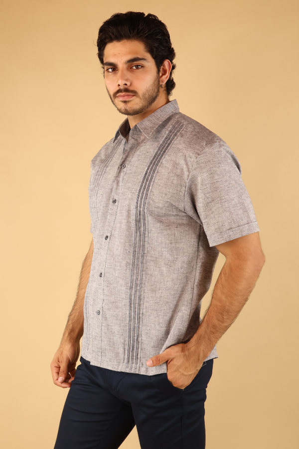 Camisa Guayabera Manga Corta Negro Jaspe Hombre Con Alforzas Tradicional